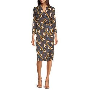 J. McLaughlin Blue/Brown Long Sleeve Dree Midi Wrap Dress Sz M NWT